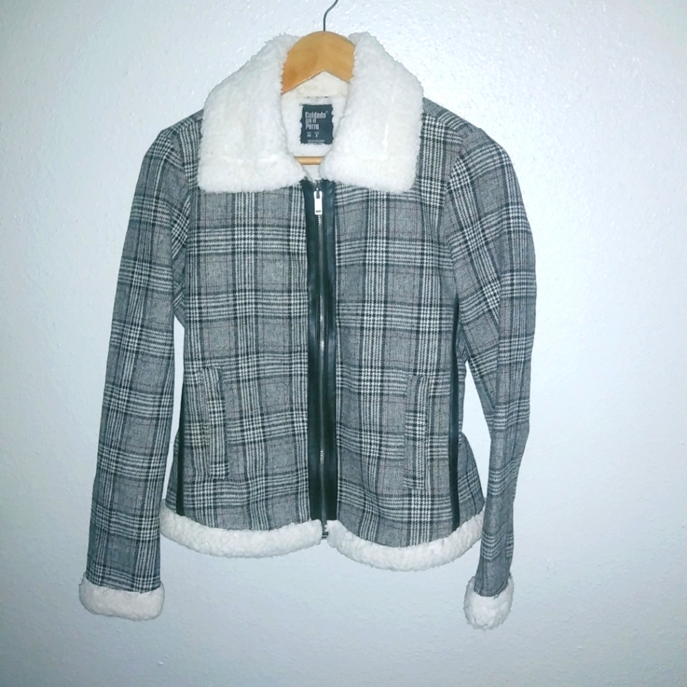 Cuidado con el Perro S Plaid Shearling Lined Zip Front Jacket